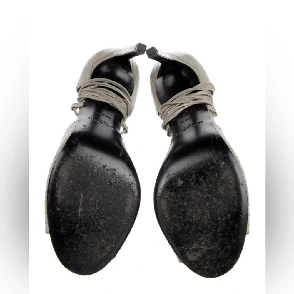Saint Laurent Embossed Leather Gladiator Open Toe Heels Gray lace up ankle Wrap - Picture 7 of 10